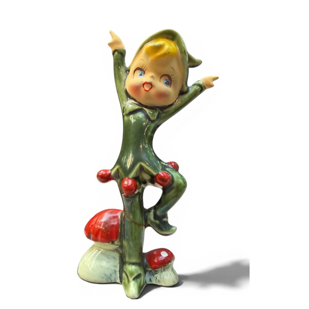 Vintage Pixie Figurine Mushroom Toadstool Ceramic Green Red Kitsch Woodland Art